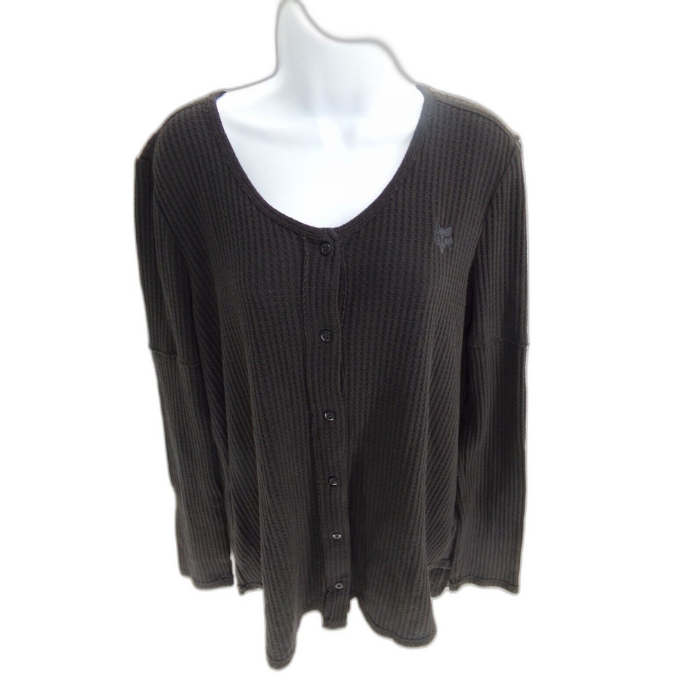 Fox Racing Women thermal Top L black button down Logo Embroidered Waffle Knit